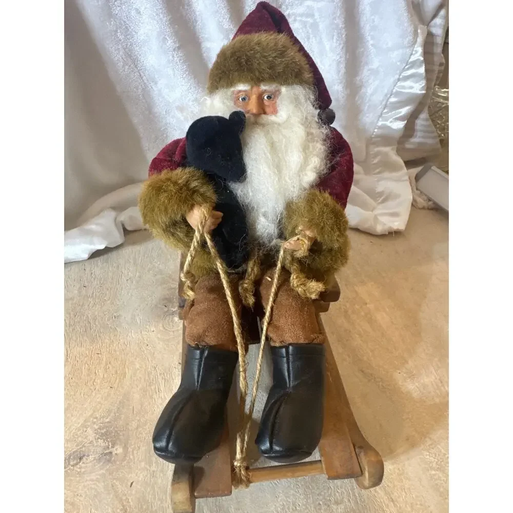 Vintage Old World Santa Wooden Sled Sleigh 12” Table Top Decor Shelf Sitter Y2K